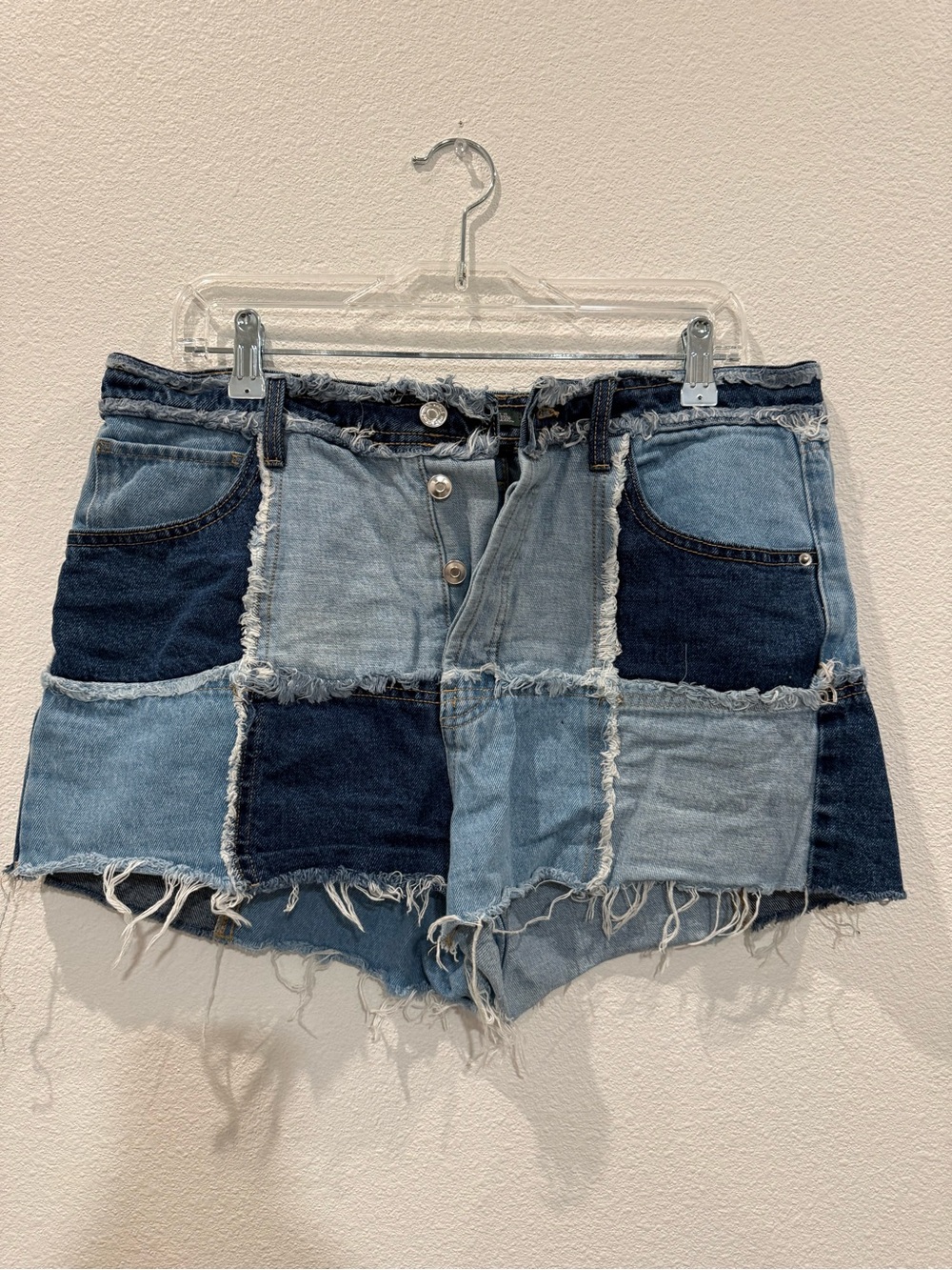 wild fable Patchwork Frayed Hem Denim Shorts - Light Blue & Dark Blue